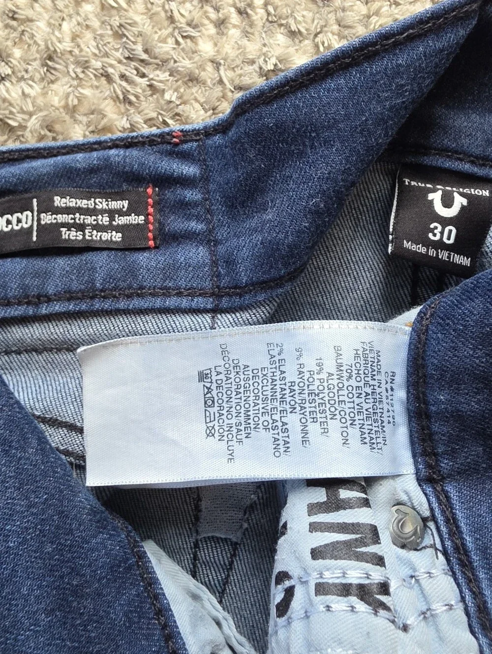 True Religion Rocco Jeans Mens 30x31 Relaxed Skinny Dark Wash Stretch Denim